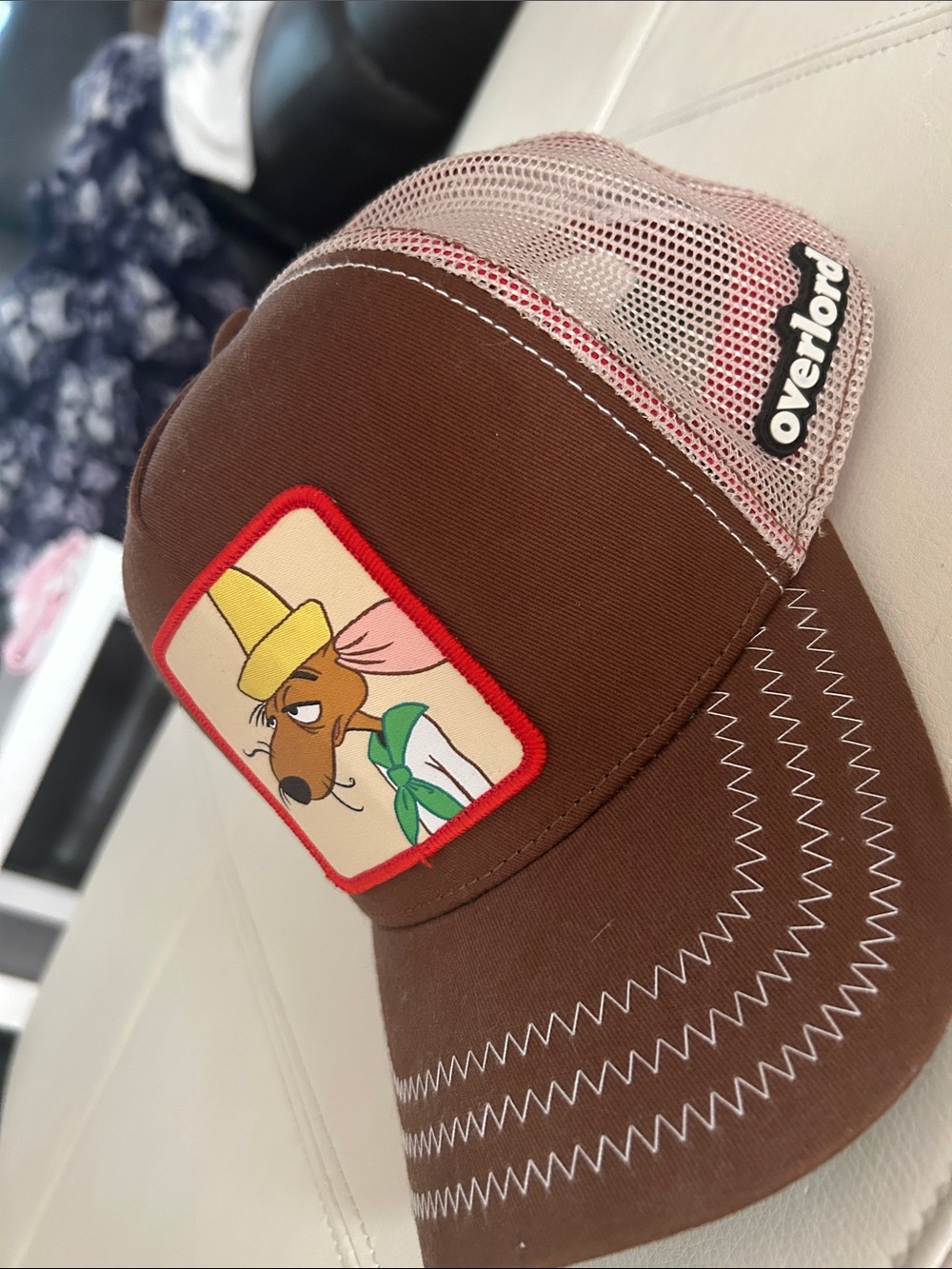 Brown Trucker Hat with Cartoon Mouse Patch